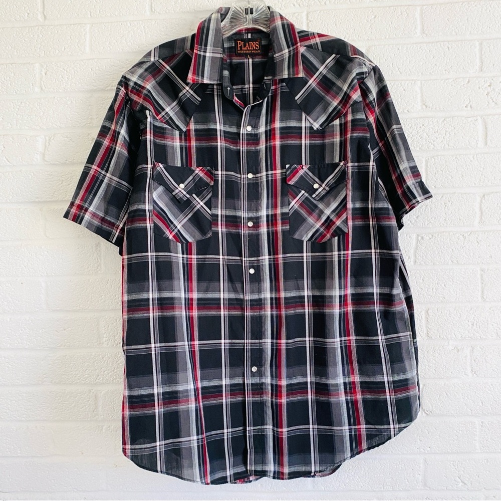 PLAINS WESTERN WEAR PLAID SHIRT RED BLACK LARGE COWBOY RODEO RANCH